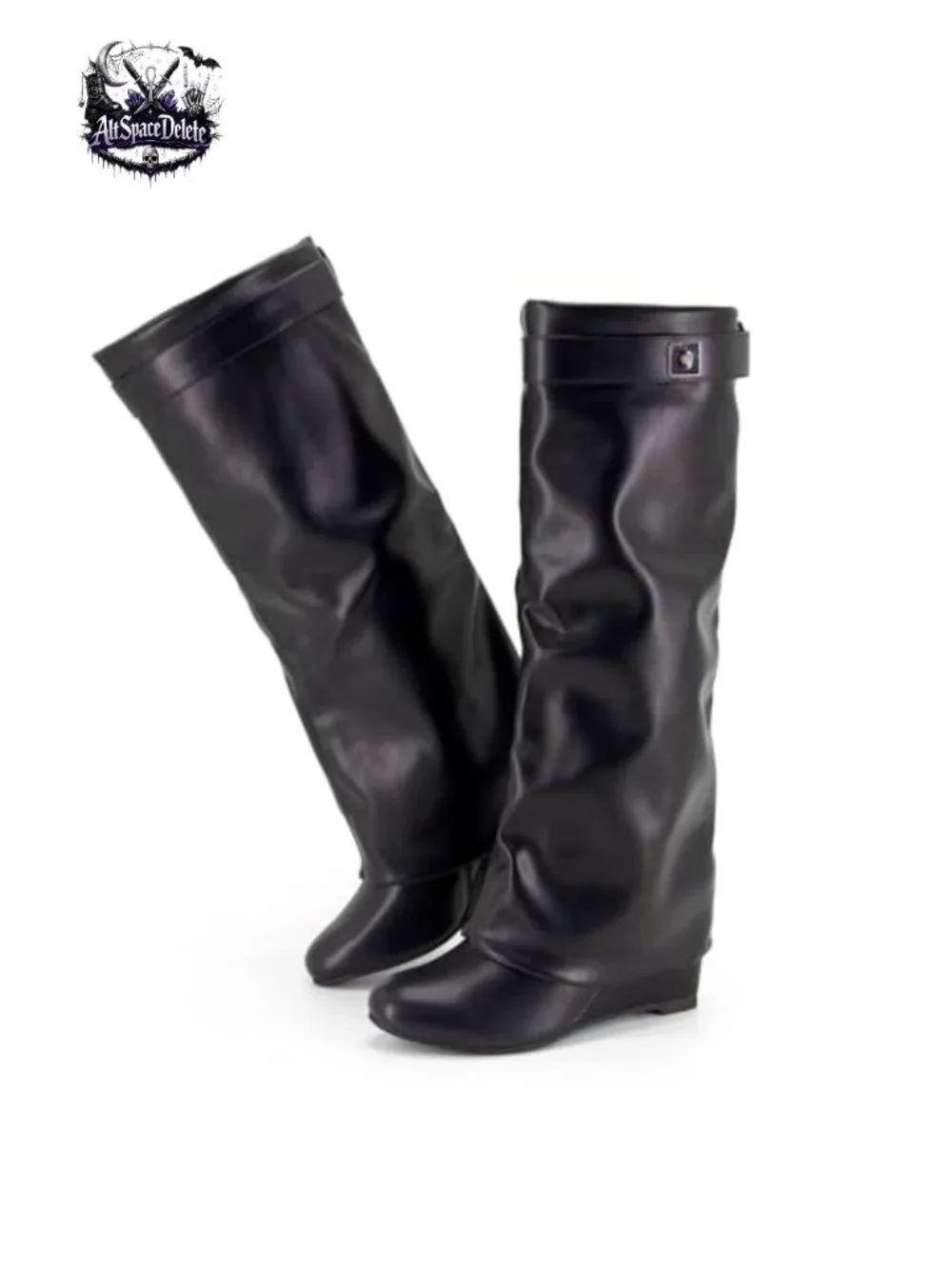 Fold Over Knee High Boots Women Wedge Heel Shark Boots PU Leather